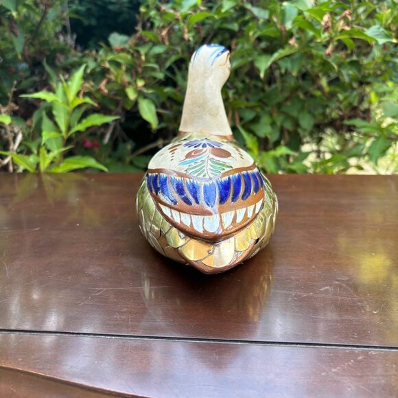 Vintage Mexican Tonala Duck Hand Painted Folk Art Bird with Solid Brass Overlay - Picture 5 of 13
